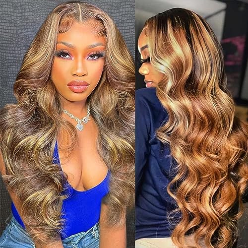 Highlight Lace Front Wigs Human Hair Wigs for Black Women Honey Blonde Ombre 13x4 Lace Front Wigs Human Hair Body Wave Frontal Wigs Pre Plucked with Baby Hair Glueless 180% Density P4/27 Color 22 Inch