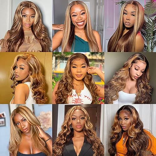 Highlight Lace Front Wigs Human Hair Wigs for Black Women Honey Blonde Ombre 13x4 Lace Front Wigs Human Hair Body Wave Frontal Wigs Pre Plucked with Baby Hair Glueless 180% Density P4/27 Color 22 Inch - Image 7