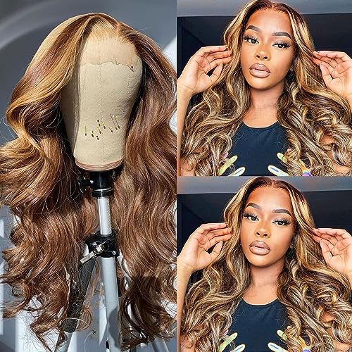 Highlight Lace Front Wigs Human Hair Wigs for Black Women Honey Blonde Ombre 13x4 Lace Front Wigs Human Hair Body Wave Frontal Wigs Pre Plucked with Baby Hair Glueless 180% Density P4/27 Color 22 Inch - Image 6