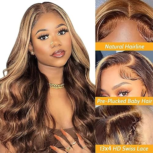Highlight Lace Front Wigs Human Hair Wigs for Black Women Honey Blonde Ombre 13x4 Lace Front Wigs Human Hair Body Wave Frontal Wigs Pre Plucked with Baby Hair Glueless 180% Density P4/27 Color 22 Inch - Image 3