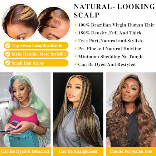 Highlight Ombre 13x6 Lace Front Wig Human Hair 28 Inch Body Wave Honey Blonde Glueless HD Transparent Lace Frontal Wigs for Women 180 Density Human Hair Pre Plucked with Baby Hair - Image 3