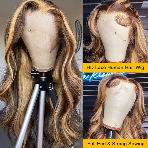 Highlight Ombre 13x6 Lace Front Wig Human Hair 28 Inch Body Wave Honey Blonde Glueless HD Transparent Lace Frontal Wigs for Women 180 Density Human Hair Pre Plucked with Baby Hair - Image 4