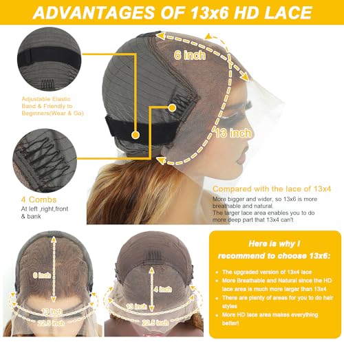 Highlight Ombre 13x6 Lace Front Wig Human Hair 28 Inch Body Wave Honey Blonde Glueless HD Transparent Lace Frontal Wigs for Women 180 Density Human Hair Pre Plucked with Baby Hair - Image 5