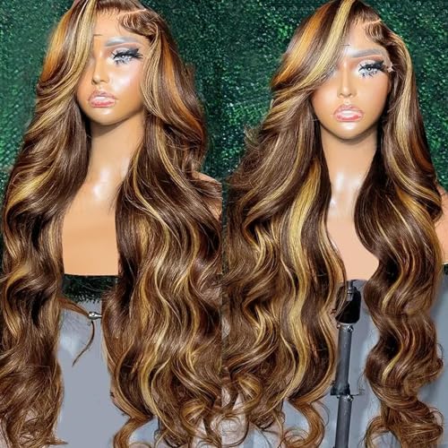 Highlight Ombre 13x6 Lace Front Wig Human Hair 28 Inch Body Wave Honey Blonde Glueless HD Transparent Lace Frontal Wigs for Women 180 Density Human Hair Pre Plucked with Baby Hair - Image 2