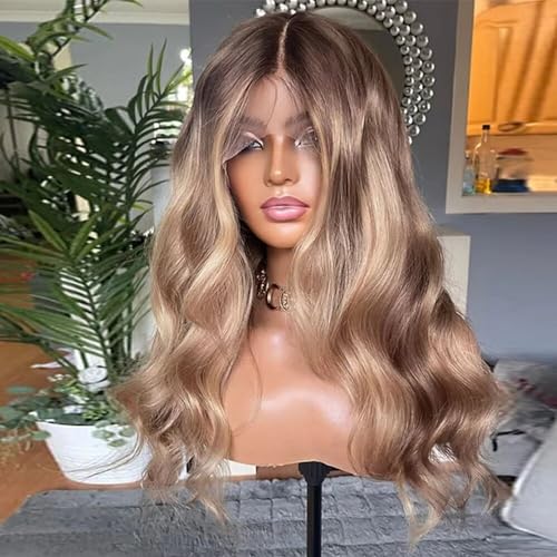 Highlight Ombre Blonde Color Brazilian Hair Wavy Human Hair Wig 13x6 HD Transparent Lace Front Wig Loose Wave Remy Hair Invisible Lace Glueless Wigs 150% Density with Baby Hair Bleached Knots 24inch
