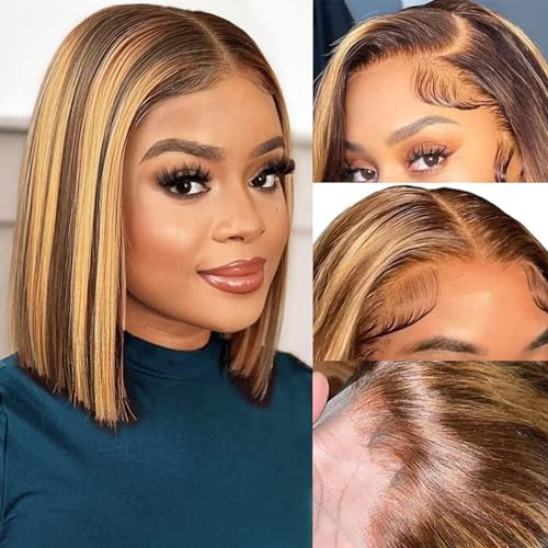 Highlight Ombre Bob Wig Human Hair Straight 4/27 Honey Blonde Bob Lace Front Wigs Human Hair 12 Inch 13x4 Lace Front Bob Wigs 12A Short Bob Wig 180% Density Glueless Wigs Straight Bob Frontal Wigs