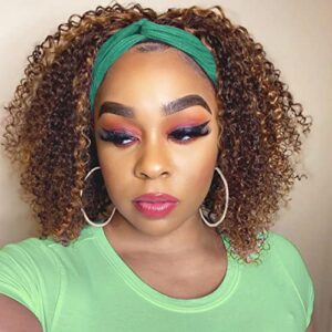 Highlight Ombre Headband Wig Deep Wave Human Hair Wigs #4/27 Glueless 150% Density None Lace Front Machine Made Brazilian Virgin Deep Curly Human Hair Half Wigs for Black Women 10 Inch