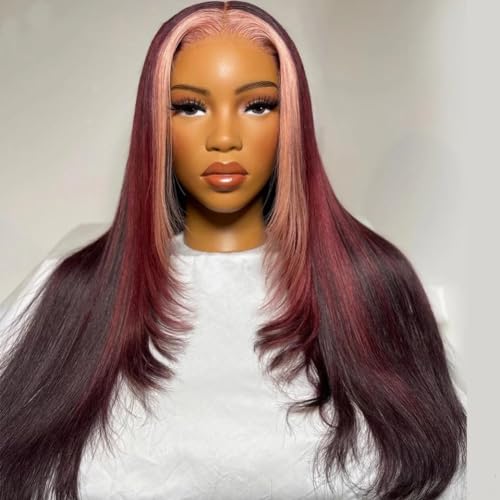 Highlight Ombre Human Hair Wigs Pink Skunk Stripe Wig Human Hair 99J Red Colored 4x4 Lace Closure Wig Straight Texture Transparent HD Pre Plucked (18 Inch) - Image 4