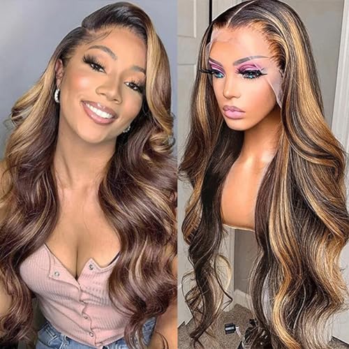 Highlight Ombre Lace Front Wig Human Hair 13x4 HD Transparent 180% Density Body wave Wigs Human Hair with Baby Hair Pre Plucked for Women 4/27 Honey Blonde Lace Frontal Colored wigs (Ombre wig 26Inch)