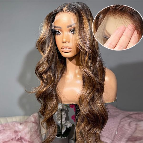 Highlight Ombre Lace Front Wig Human Hair 13x4 HD Transparent 180% Density Body wave Wigs Human Hair with Baby Hair Pre Plucked for Women 4/27 Honey Blonde Lace Frontal Colored wigs (Ombre wig 26Inch) - Image 3