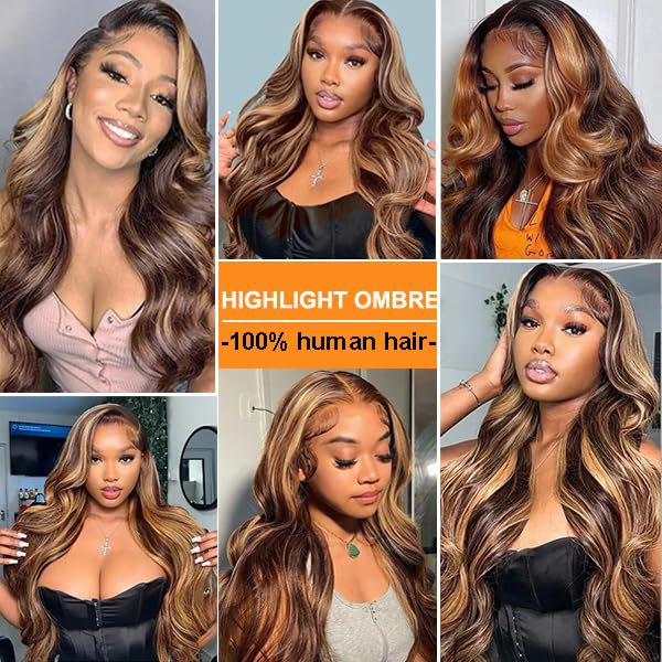 Highlight Ombre Lace Front Wig Human Hair 13x4 HD Transparent 180% Density Body wave Wigs Human Hair with Baby Hair Pre Plucked for Women 4/27 Honey Blonde Lace Frontal Colored wigs (Ombre wig 26Inch) - Image 6