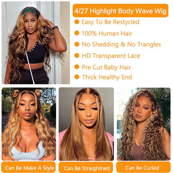Highlight Ombre Lace Front Wig Human Hair 13x4 HD Transparent 180% Density Body wave Wigs Human Hair with Baby Hair Pre Plucked for Women 4/27 Honey Blonde Lace Frontal Colored wigs (Ombre wig 26Inch) - Image 5