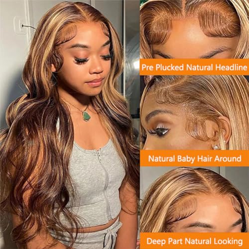 Highlight Ombre Lace Front Wig Human Hair 13x4 HD Transparent 180% Density Body wave Wigs Human Hair with Baby Hair Pre Plucked for Women 4/27 Honey Blonde Lace Frontal Colored wigs (Ombre wig 26Inch) - Image 2