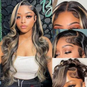 Highlight Ombre Lace Front Wig Human Hair 180% Density 1B/27 Body Wave Lace Front Wigs Human Hair Colored 13x4 HD Transparent Lace Frontal Wig blonde ombre wig Glueless Wigs for Women 20 Inch