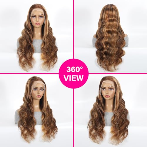 Highlight Ombre Lace Front Wig Human Hair 180% Density 4/27 Honey Blonde HD Transparent Body Wave Lace Frontal Wigs Pre Plucked 13x4 HD Lace Front Wigs Human Hair Glueless For Women 26 Inch - Image 4