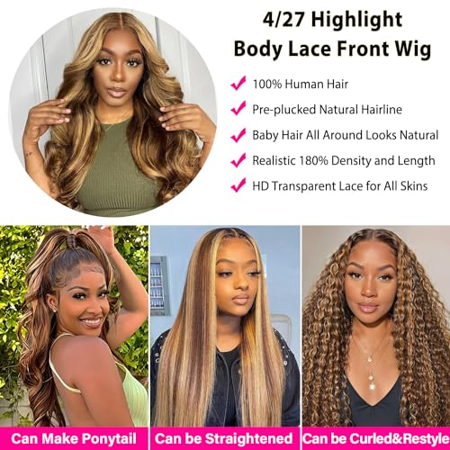 Highlight Ombre Lace Front Wig Human Hair 180% Density 4/27 Honey Blonde HD Transparent Body Wave Lace Frontal Wigs Pre Plucked 13x4 HD Lace Front Wigs Human Hair Glueless For Women 26 Inch - Image 3