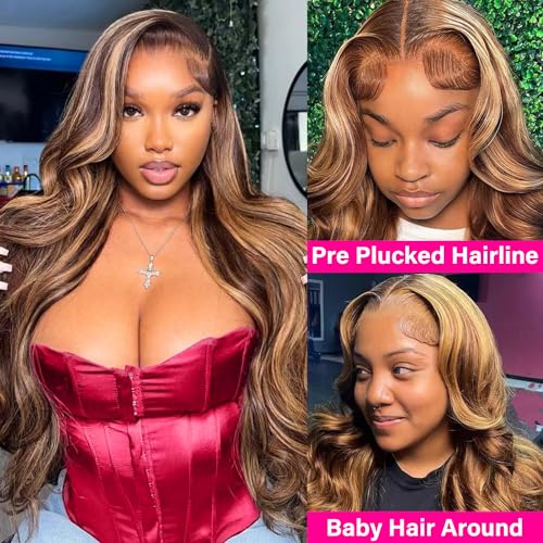 Highlight Ombre Lace Front Wig Human Hair 180% Density 4/27 Honey Blonde HD Transparent Body Wave Lace Frontal Wigs Pre Plucked 13x4 HD Lace Front Wigs Human Hair Glueless For Women 26 Inch - Image 2