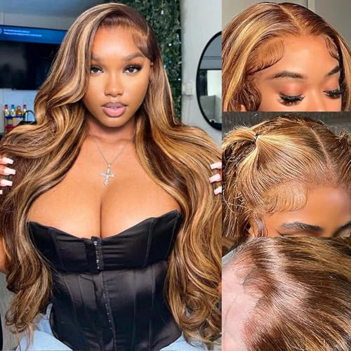 Highlight Ombre Lace Front Wig Human Hair 180% Density 4/27 Honey Blonde HD Transparent Body Wave Lace Frontal Wigs Pre Plucked 13x4 HD Lace Front Wigs Human Hair Glueless For Women 26 Inch