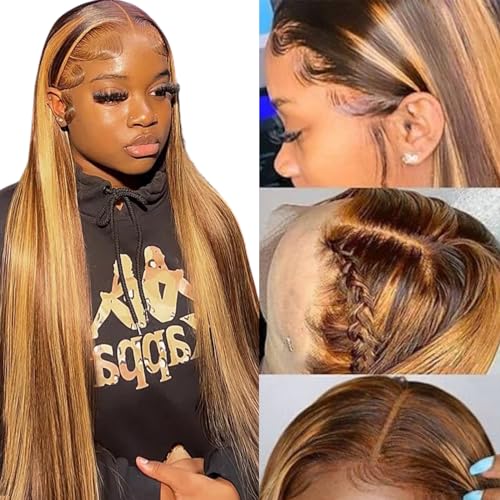 Highlight Ombre Lace Front Wig Human Hair 26inch 13x4 Straight 4/27 Honey Blonde HD Lace Front Wig Human Hair Pre Plucked 180% Density Colored Lace Front Wigs for Black Women
