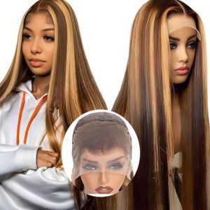Highlight Ombre Lace Front Wig Human Hair 26inch 180% Density 13x4 Full Frontal HD Transparent Lace Pre Plucked Straight Lace Front Wig Human Hair Brown Colored Honey Blonde Lace Front Wig Human Hair