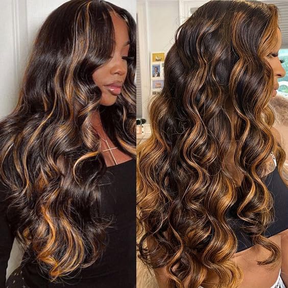 Highlight Ombre Lace Front Wigs Human Hair Body Wave Ombre 13x6 HD Lace Front Human Hair Wigs for Women Pre Plucked with Baby Hair 180% Density Honey Blonde 32Inch 1B/30 Brown Lace Frontal Wigs