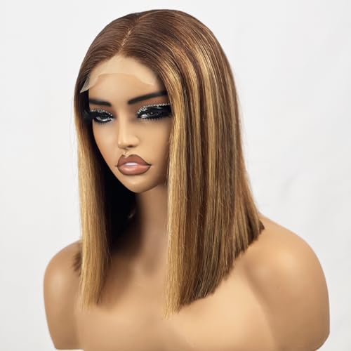Highlight Ombre Lace Front Wigs Human Hair for Black Women 200% Density 4x4 HD Transparent 4/27 Straight Honey Blonde Lace Closure Wigs Pre Plucked with Baby Hair Colored Wigs 12 Inch