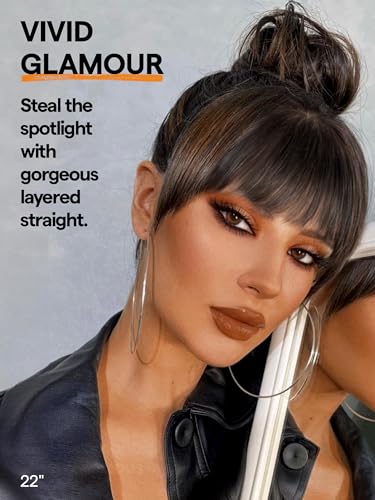 Highlight Straight Layered Wigs with Bangs Glueless Black Mixed Brown Wig 22 Inch Put On Go Wigs Crafted with Style-Archive™ Technology: Fiber & Remy Human Hair Blend with Natural Hairline - Image 3