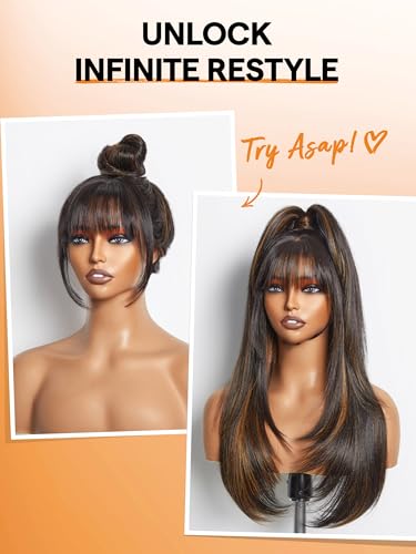 Highlight Straight Layered Wigs with Bangs Glueless Black Mixed Brown Wig 22 Inch Put On Go Wigs Crafted with Style-Archive™ Technology: Fiber & Remy Human Hair Blend with Natural Hairline - Image 2
