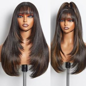 Highlight Straight Layered Wigs with Bangs Glueless Black Mixed Brown Wig 22 Inch Put On Go Wigs Crafted with Style-Archive™ Technology: Fiber & Remy Human Hair Blend with Natural Hairline