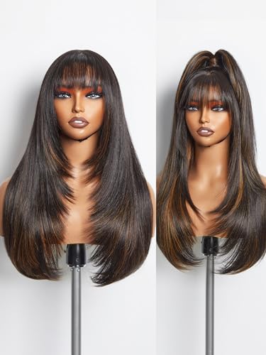 Highlight Straight Layered Wigs with Bangs Glueless Black Mixed Brown Wig 22 Inch Put On Go Wigs Crafted with Style-Archive™ Technology: Fiber & Remy Human Hair Blend with Natural Hairline
