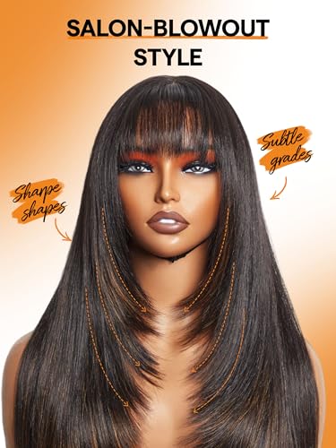 Highlight Straight Layered Wigs with Bangs Glueless Black Mixed Brown Wig 22 Inch Put On Go Wigs Crafted with Style-Archive™ Technology: Fiber & Remy Human Hair Blend with Natural Hairline - Image 6