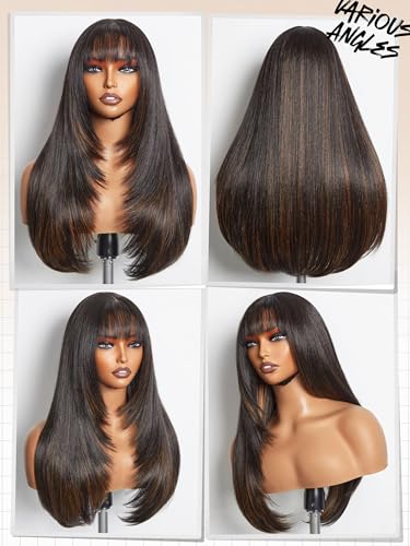 Highlight Straight Layered Wigs with Bangs Glueless Black Mixed Brown Wig 22 Inch Put On Go Wigs Crafted with Style-Archive™ Technology: Fiber & Remy Human Hair Blend with Natural Hairline - Image 4