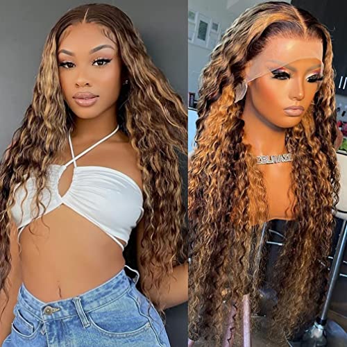 Highlight Wigs for Black Women Honey Blonde Lace Front Wig Human Hair Ombre Lace Front Wig Human Hair 180 Density Highlight Lace Front Wig Human Hair P4/27 Deep Wave 13x6 HD Frontal Wig 22 Inch