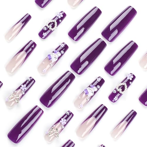 Holiday Press on Nails Long Coffin French Tip Purple Fake Nails with 3D Cat and Flower Designs for Women - Image 6