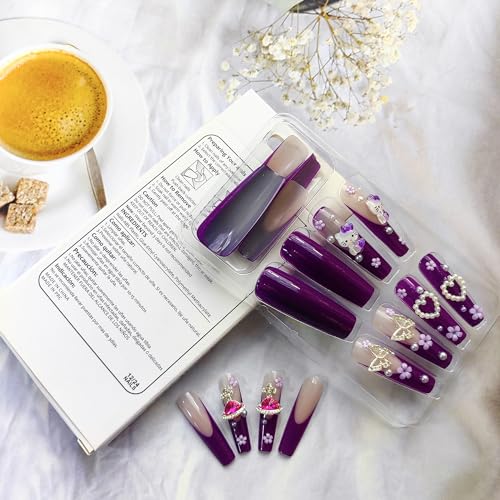 Holiday Press on Nails Long Coffin French Tip Purple Fake Nails with 3D Cat and Flower Designs for Women - Image 2