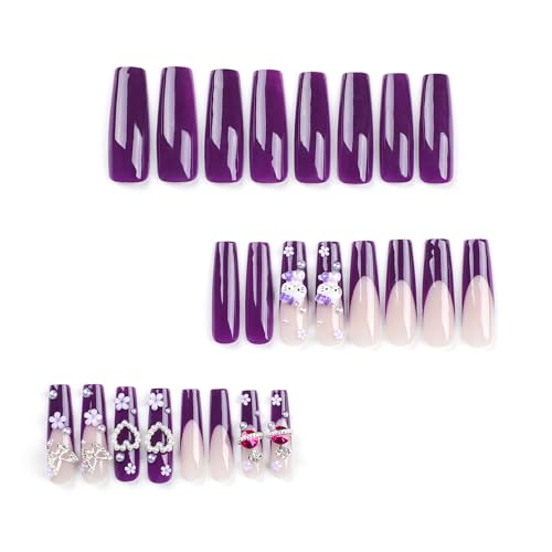 Holiday Press on Nails Long Coffin French Tip Purple Fake Nails with 3D Cat and Flower Designs for Women - Image 4