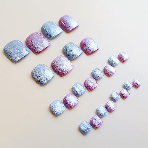 Holographic Cats Eyes Blue False Toe Nails,Grape Purple Shiny Diamond Glitter Design Press on Toenails,Ballet Lovely Short Square Toenails LANOVA FT-087 - Image 3