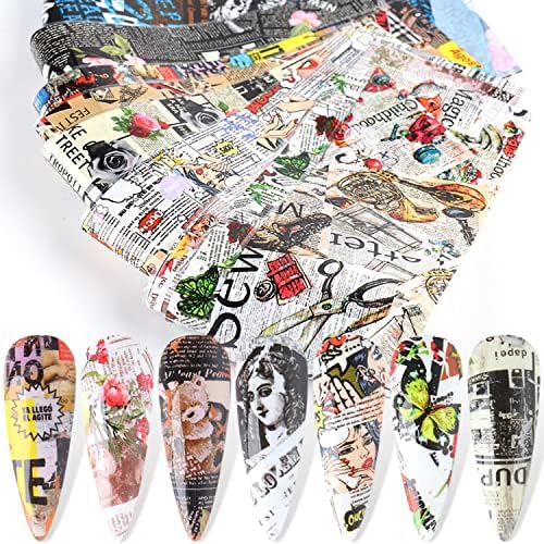 Holographic Nail Foil Transfer Stickers Decals, Flower Nail Polish Sheets, Magazine Flowers Nail Art Designs Acrylic Nails Supplies for Nail Transfer Glue Polish, Women Nail Decal Film Decorations