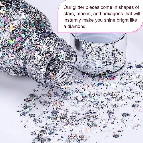 Holographic Silver Face Glitter, TEOYALL Long Lasting Glitter Shimmer Chunky Sequins Glitters for Body, Face, Hair Makeup (Silver) - Image 3