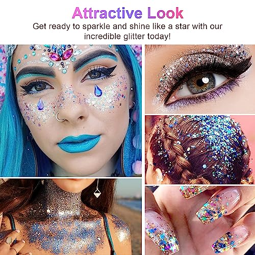 Holographic Silver Face Glitter, TEOYALL Long Lasting Glitter Shimmer Chunky Sequins Glitters for Body, Face, Hair Makeup (Silver) - Image 5