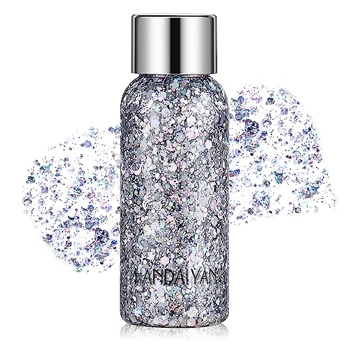 Holographic Silver Face Glitter, TEOYALL Long Lasting Glitter Shimmer Chunky Sequins Glitters for Body, Face, Hair Makeup (Silver)