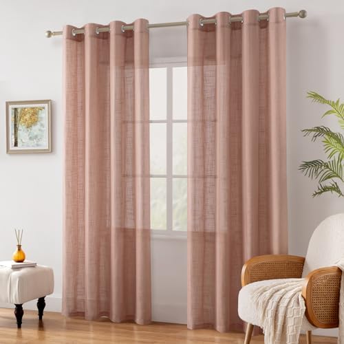 HOMEIDEAS Blush Pink Linen Sheer Curtains 84 Inches Long 2 Panels Textured Dusty Blush Semi Sheer Curtains Farmhouse Curtains Sheer Privacy Window Curtains for Bedroom Living Room - Image 6