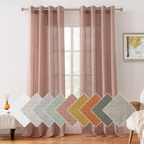 HOMEIDEAS Blush Pink Linen Sheer Curtains 84 Inches Long 2 Panels Textured Dusty Blush Semi Sheer Curtains Farmhouse Curtains Sheer Privacy Window Curtains for Bedroom Living Room