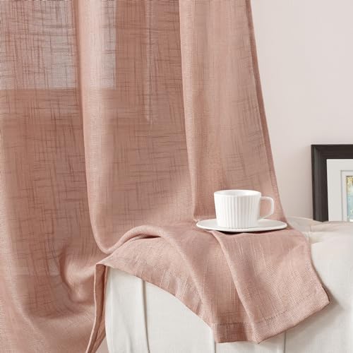 HOMEIDEAS Blush Pink Linen Sheer Curtains 84 Inches Long 2 Panels Textured Dusty Blush Semi Sheer Curtains Farmhouse Curtains Sheer Privacy Window Curtains for Bedroom Living Room - Image 5