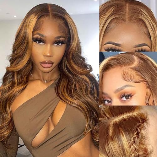 Honey Blonde 26" Body Wave Glueless Pre Plucked Human Hair Lace Front Wig for Women