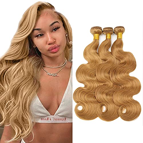Honey Blonde Body Wave Bundles Color 27 Human Hair Bundles 14 14 14 inch Same Length 3 Bundles #27 Blonde Human Hair Soft Remy Blonde Hair Extensions for Women
