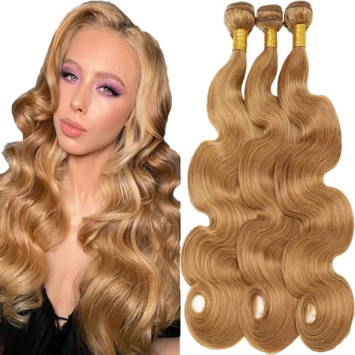 Honey Blonde Body Wave Bundles Human Hair Color #27 Bundles Double Weft Weave Extensions Hair 20 22 24 Inch Unprocessed Brazilian Virgin Hair Soft And Healthy for Women