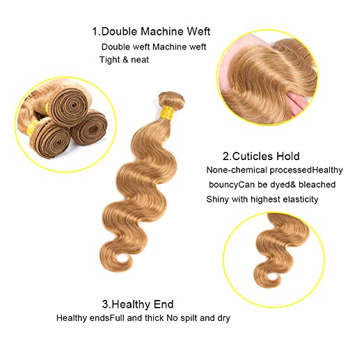 Honey Blonde Bundles Color 27 Human Hair Bundles #27 Body Wave Bundles 12 14 16 inch Mixed Length 3 Bundles Brazilian Remy Soft Blonde Body Wave Human Hair Weave - Image 3