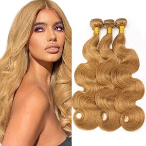 Honey Blonde Bundles Color 27 Human Hair Bundles #27 Body Wave Bundles 12 14 16 inch Mixed Length 3 Bundles Brazilian Remy Soft Blonde Body Wave Human Hair Weave