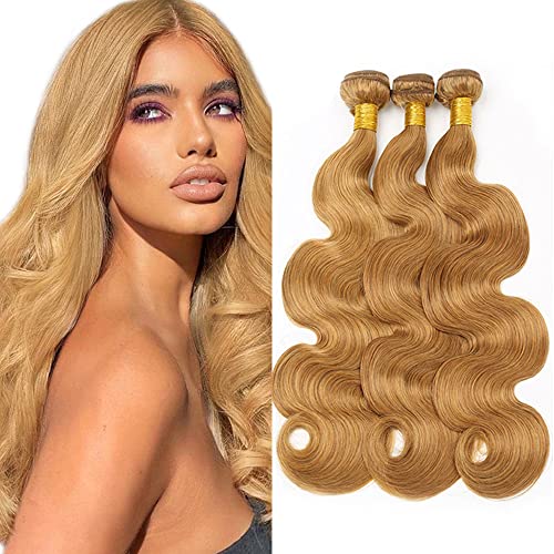 Honey Blonde Bundles Color 27 Human Hair Bundles #27 Body Wave Bundles 12 14 16 inch Mixed Length 3 Bundles Brazilian Remy Soft Blonde Body Wave Human Hair Weave